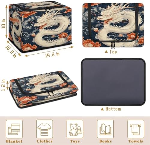 Japanese Dragon Storage Bins with Zipper Lid Foldable Fabric Organizer Box with Handles Rectangular Closet Clothes Organizer Containers