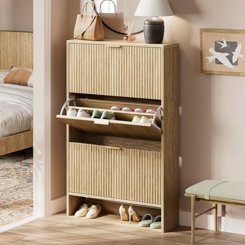 Evermagin 31.5''W Oak Shoe Cabinet Storage for Entryway, Fluted Slim Shoe Dresser with 3 Flip Drawers, Narrow Shoe Rack Cabinet, Hidden Shoe Organizer Cabinet for Entrance, Hallway
