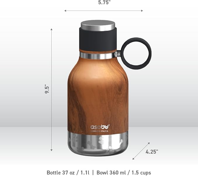 Asobu Buddy Bottle a Stainless Steel Insulated Water Bottle for with Removable Dog Water Bowl and Dog Food and Treat Storage Bowl (Wood, 37 oz Water Bottle with Bowl)