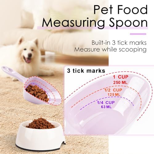 Melamine Pet Food Measuring Scoop, 1 Cup 1/2 Cup 1/4 Cup with Clear Measurement Lines for Dog, Cat, Bird, and Rabbit, Durable, Ergonomic Handle, Dishwasher safe-Purple