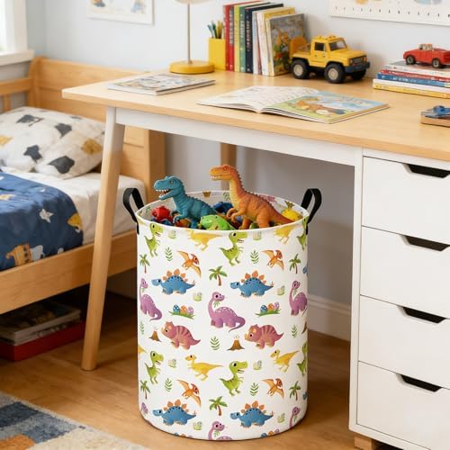 Round Laundry Basket Collapsible Storage Hamper Organizer Cute Dinosaur | Waterproof Canvas Foldable Baskets with sturdy Handles Multi-scene Organizer for Home Play Bedroom Gift Bin