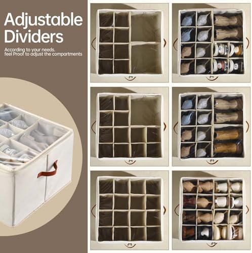 INSTY 2 Pack Shoe Organizer for Closet, Fits up to 32 Pairs, Adjustable Dividers for Shoe Storage, Fabric Shoe Storage Bins with Clear Cover, Beige