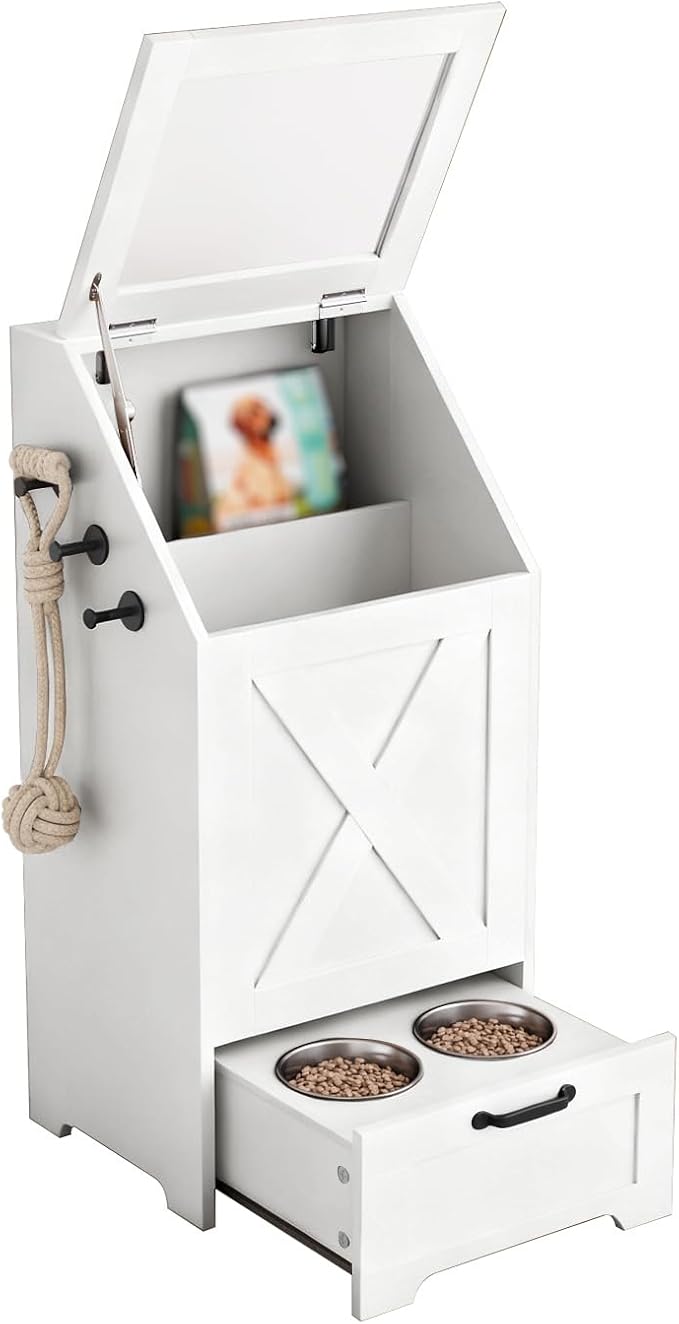 Pet Feeding Station with Storage Cabinet & 2 Elevated Bowls,Hooks,White | Flip-top Sealed Food Bin.Pull-out Bowl Drawer with Wheels.3 Side Hooks+Internal Shelf for Cans.Anti-tip Device.For Dogs/Cats.