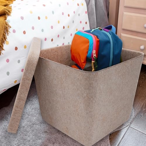 Welaxy Nodic large stackable felt bin Functional basket container with removable lid for Toys Pet Books Clothes throw blanket hide storage Ottoman Footrest Foot Stool coffee table(Oatmeal)