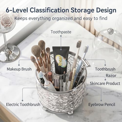 360°Rotating Toothbrush Holder with Cover, Dustproof Electric Toothbrush and Toothpaste Holder for Bathroom Countertop, 3 Slots Makeup Brush Organizer & Bathroom Storage (Transparent Silver)