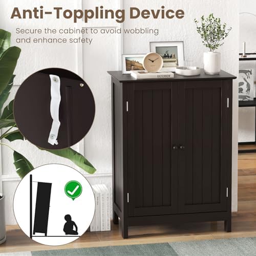 COSTWAY Bathroom Storage Cabinet, Freestanding Bathroom Organizers and Storage with Doors & Adjustable Shelf, Wooden Floor Cabinet for Home, Living Room, Entryway, Kitchen (Brown) | Storage with Doors & Adjustable Shelf, Wooden Floor Cabinet for Home, ...