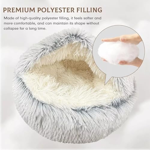 Cat Bed Round Fluffy Hooded Cat Bed Cave, Anti-Anxiety Cave Bed with Hooded Blanket, Cozy Cuddler Luxury Puppy Pet Bed, Anti-Slip Bottom and Machine Washable (Grey, Medium)