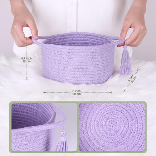 Small Gift Basket Empty to Fill with Gifts Bag & Ribbon, Purple | Cute Decorative Mini Woven Rope Basket with Handles for Gifting; Reusable for Bathroom Counter or Desk Catchall, 8 x 4.7 in