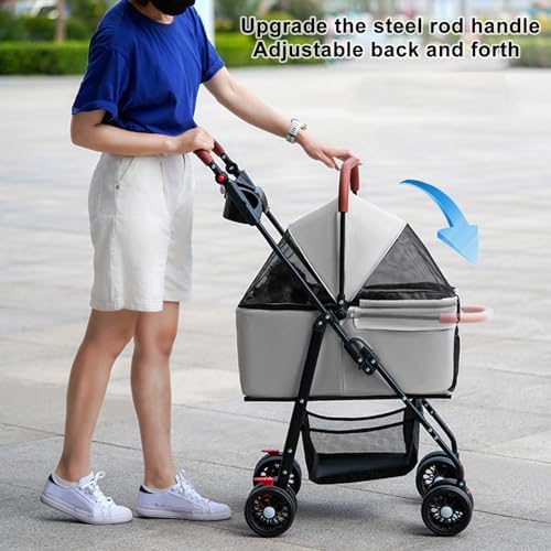 Foldable Pet Stroller with Weather Cover, Pet Strolling Cart with 4 Caster, Storage Basket and Cup Holder, Portable Jogger for Dogs & Cats Grey 1 Set