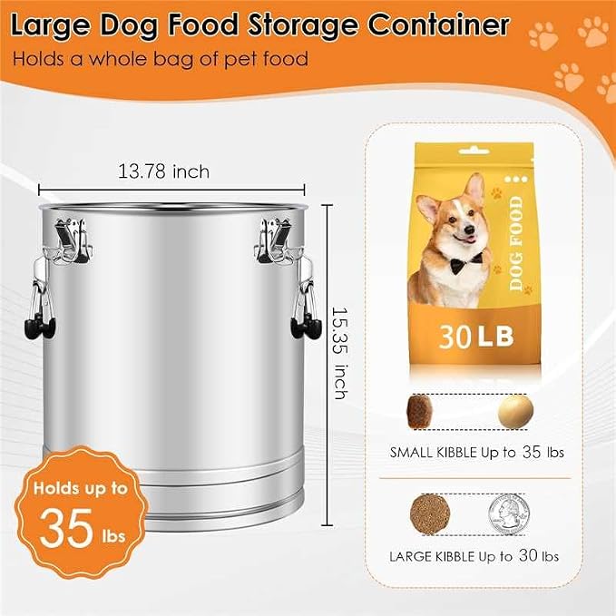 Stainless Steel Dog Food Storage Container,30LB/35LB Airtight Dog Food Storage Container with Lid to Keep Fresh,Easy Clean Large Pet Food Storage Container with Scoop for Cat Food,Chicken Feed,Rice