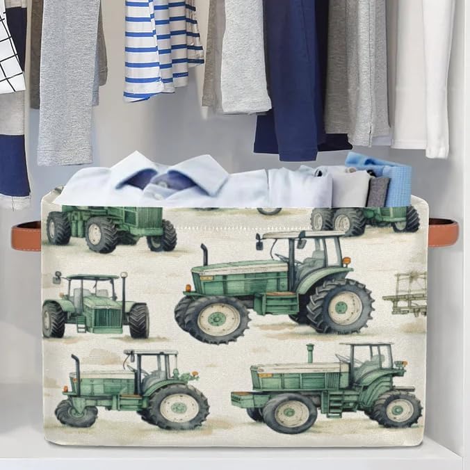 Farmhouse Tractor Truck Storage Boxes Theme Storage Nursery Baskets with Handle Closet Collapsible Organizer Shelf Bins for Book Cloth 15 X 11 X 9.5 IN