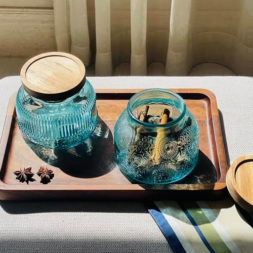 Decorative Blue Glass Jars with Airtight Wooden Lids 2 pack, 25.4 fl. oz | Wide mouth vintage storage canister, kitchen pantry bathroom organization, coffee sugar tea cookie candy candle vase gift