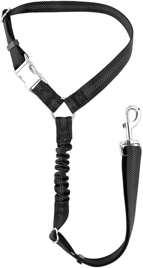 Plutus Pet Dog Seat Belt for Car Headrest, Reflective with Elastic Bungee | Adjustable Restraint for Safety, Vehicle Seatbelt Harness for Small Medium Large Dogs and Cats, Black