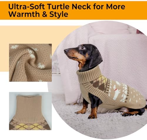 Lelepet Dachshund Sweater Turtleneck Dog Sweaters for Small Dogs (XS-XL) | Pullover Knitted Dog Coat,Cold Weather Dachshund Clothes,Fall/Winter Cozy Outfit for Wiener Dogs,Stretchy Knitwear,L,Khaki