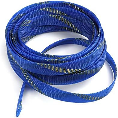 Jutagoss PET Expandable Braided Cable Sleeve, 16.4ft - 5/8 inch Blue Gold Cable Management Sleeve, Wire Loom Tube Cord Protector for USB Cable, Power Cord, Audio Video and More, 1Pc