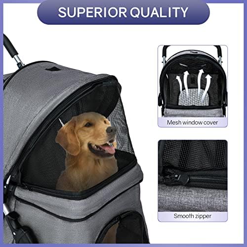 BestPet | 4-Wheel Foldable Pet Stroller | Grey | Lightweight & Portable | Travel Carrier with Mesh Windows, Storage Basket, Cup Holder, Safety Brakes, and Waterproof Fabric | For Small Dogs and Cats