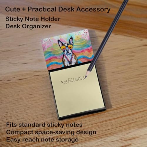 Caroline's Treasures Boston Terrier Hippie Dawg Sticky Note Holder Refillable Dispenser Self-Sticky Note Pads, Memo Pads Blank Desk Accessories