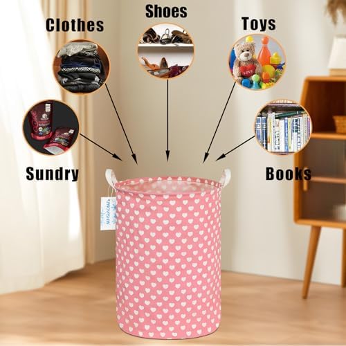 Round Laundry Basket Collapsible Storage Hamper Organizer Pink Heart | Waterproof Canvas Foldable Baskets with sturdy Handles Multi-scene Organizer for Home Play Bedroom Gift Bin