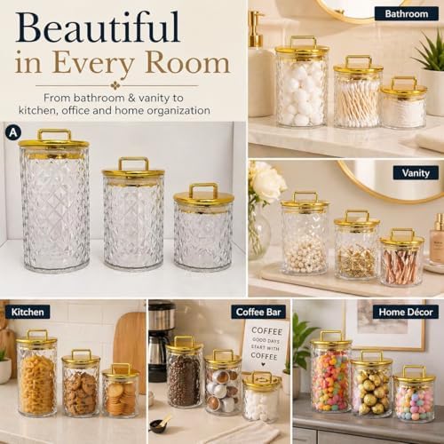 3-Pack Diamond-Cut Acrylic Storage Jars with Gold Lids – Airtight Clear Canisters for Bathroom & Kitchen | Apothecary Jars for Cotton Pads, Qtips, Snacks, Candy & Home Organization
