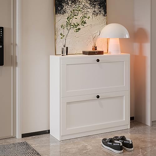 VOWNER Shoe Cabinet with 2 Flip Drawers, Freestanding Shoe Storage Cabinet with Adjustable Shelf & Anti-Tipping Device, Shoe Rack for Entryway, Hallway, Living Room (White)