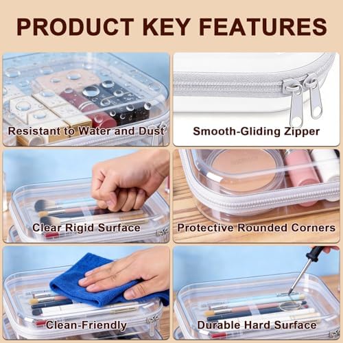 2 Pack White Clear Hard Shell Zipper Case, 8.86" x 6.38", Cosmetic Bag