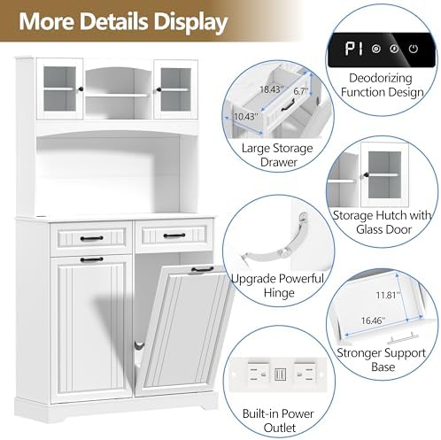 Double 13 Gallon Tilt Out Trash Can Cabinet with Deodorizing Function and Power Outlet, 71" Tall Wooden Garbage Can Holder Cabinet with 2 Storage Hutch & 2 Drawers for Kitchen and Dining Room, White