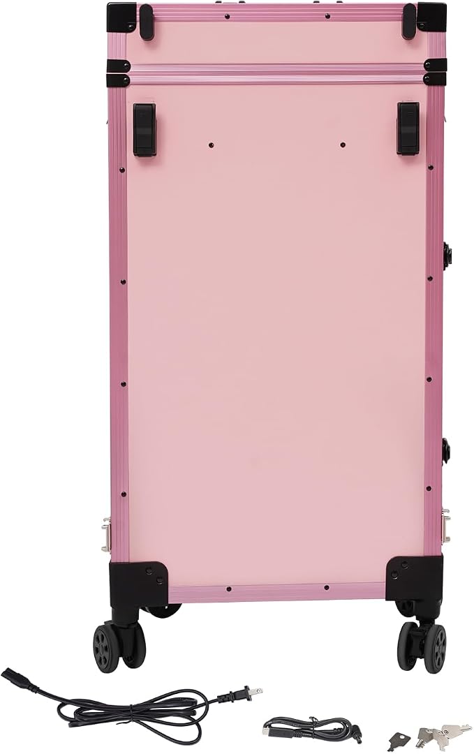 Professional Cosmetic Trolley Storage Organizer, Foldable Nail Tables Travel Cosmetic Trolley Storage Organizer w/ 4 Drawers Mirror & Speaker for Hair Stylists Pet Groomers Makeup (Light Pink)