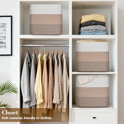 15×13 Inch Storage Cubes, 3 Pack Cube Storage Bins for Organizing, Cotton Rope Woven Baskets for Shelves, Bathroom, Kids Room, Closets, Baby Nursery