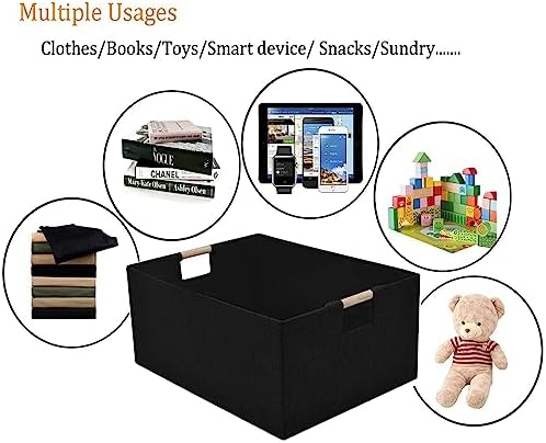 xianshengle Fabric Storage Basket for Shelves, Collapsible Storage Bins with wood Handles, Rectangle Closet Baskets, Wardrobe Organiser, for Sorting Clothes, Family Items (Black) (2)