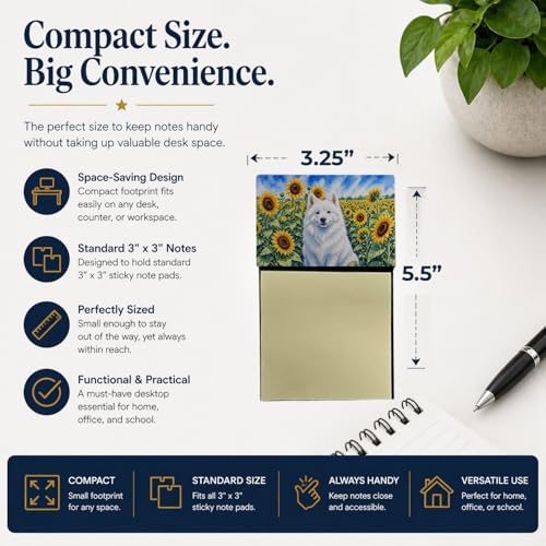 Caroline's Treasures American Eskimo in Sunflowers Watercolor Sticky Note Holder Refillable Dispenser Desk Accessory 3x3 Pad Gift