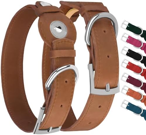 Leather Dog Collar with Airtag Holder - Apple Air Tag Dog Collars - Soft Tracking GPS Pet Collar for Small Medium Large Dogs Breed Puppy (Brown, M, 12"-15" Neck Fit)