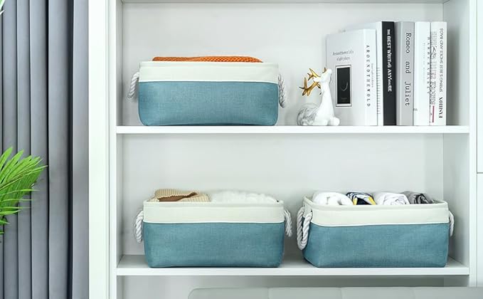 Fabric Storage Bins Baskets for Organizing,Sturdy Storage Basket W/Handles, Decorative Foldable Storage Baskets for Shelves Closet Nursery Toy (White&Teal, Medium - 3 Pack)