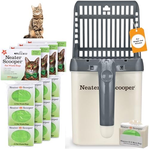 Neater Pet Brands Neater Scooper Standard Cat Litter Scoop, 195 Refill Bags – Mess-Free Cat Litter Scooper with Bag, Spill-Proof Kitty Box Sifter, Bin Doubles as Scoop Holder, For Single-Cat Household