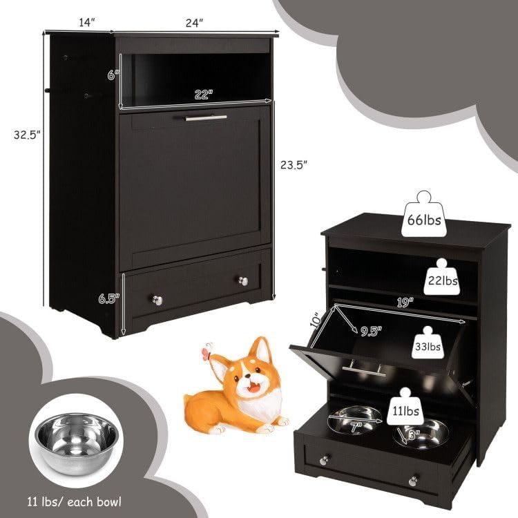 Pet Feeder Station with Stainless Steel Bowls, 32.5" Elevated Dog Food Storage Cabinet with Pull-Out Drawer, Wall-Mounted Pet Feeding Station Organizer for Food & Accessories (Coffee)