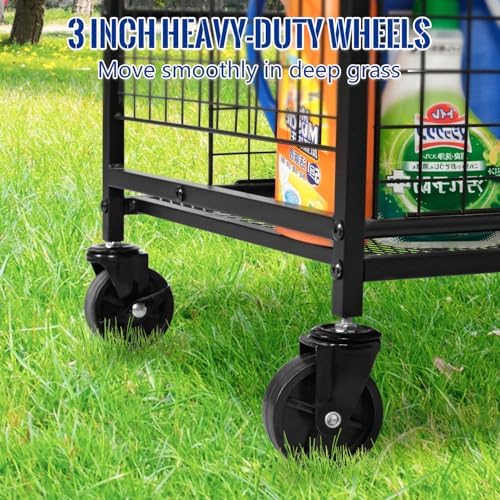 Mythinglogic Rolling Garden Tool Organizer for Garage, Yard and Lawn Tools | Metal rolling rack with multiple tool slots, movable hooks and locking casters for rakes, shovels, brooms and yard tools