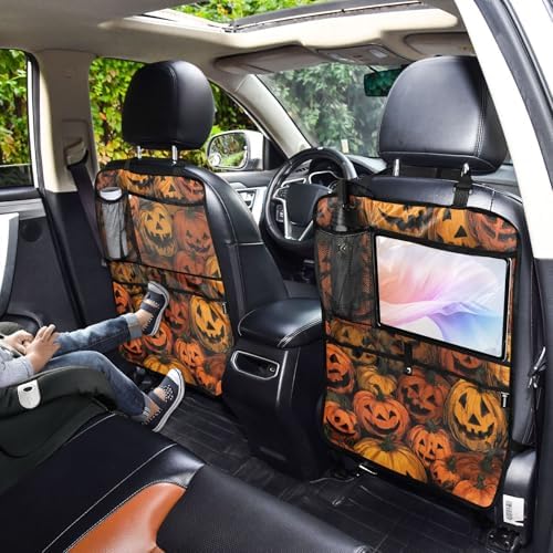2 Pack Back Seat Car Organizer with Storage Pockets Kick Mats Back Seat Protector Hanging Car Organizer Automotive Seat Back Cover Organizers Cartoon Orange Halloween Pumpkin Lanterns