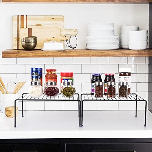 Kitchen Cabinet Storage Shelf Rack/Plastic Feet - (13.1 x 10.2 Inch) - Steel Metal - Rust Resistant Finish - Cups, Dishes, Cabinet & Pantry Organization (4, Black)