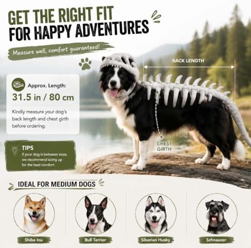 Pet Dinosaur Costume, 31.4inch Halloween 3D Skeleton Design Costume for Medium to Large Dogs, Realistic Dino Outfit for Pet Cosplay Party Family, Round and Chubby Body,Adorably Silly Pink