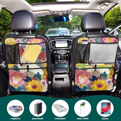 1 Pack Back Seat Car Organizer with Storage Pockets Kick Mats Back Seat Protector Hanging Car Organizer Automotive Seat Back Cover Organizers Garden Flowers Hedgehogs Colorful
