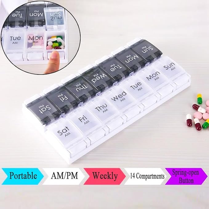 7-Day Portable Weekly Pill Case Daily Vitamin Medicine Box Planner | Travel Vitamin Organizer Dispenser, AM/PM, Large 14 Compartment Capsule Fish Oil Tablet Container, Black and Transparent Lids