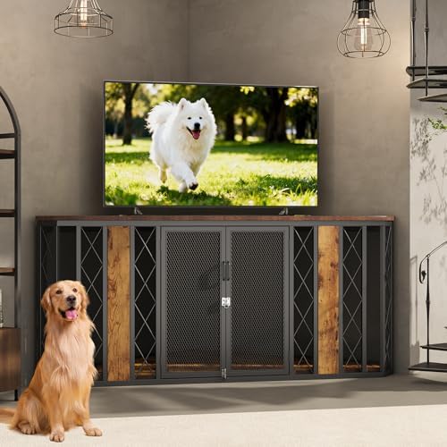kepptory 67" Corner Wooden Dog Crate Furniture with Diamond Metal Decoration, Pet Kennel for Small, Medium and Large Dogs, Space-Saving Dog Cage for TV Stand(Brown)