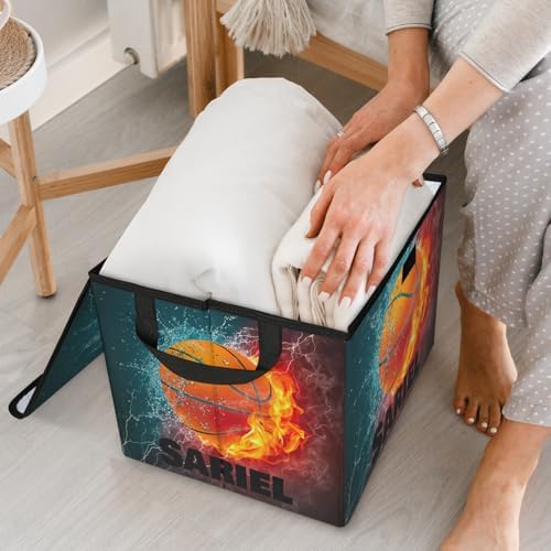 Basketball Storage Bin with Lid Personalized Storage Baskets for Organizing Foldable Closet Organizers with Handles,Cute Basket for Boys Girls for Clothes Blanket Pet Dog Toy Basket Storage (2 Pack)