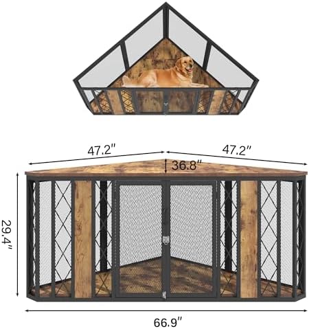 kepptory 67" Corner Wooden Dog Crate Furniture with Diamond Metal Decoration, Pet Kennel for Small, Medium and Large Dogs, Space-Saving Dog Cage for TV Stand(Brown)