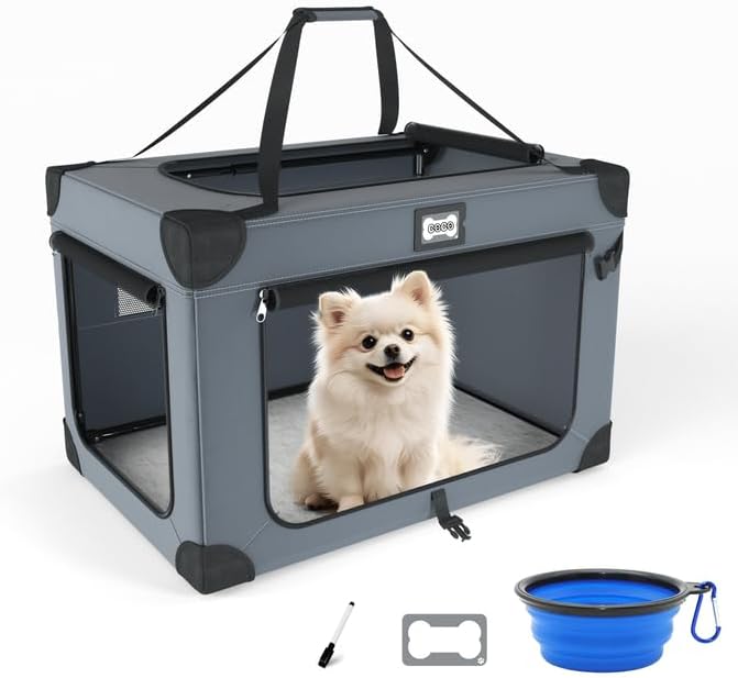 24 Inch Portable Collapsible Dog Crate for Small Dogs Travel | Sturdy Metal Frame，Indoor and Outdoor Use，Soft Blanket and Foldable Bowl,Storage Bag,Signature Card,Waterproof,Camping