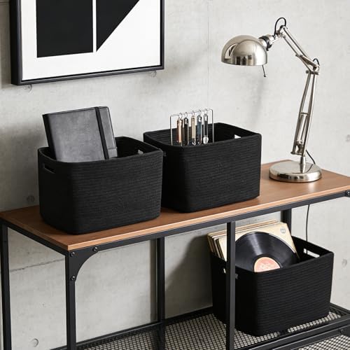 3 Pack Woven Baskets,Storage Baskets for Shelves with Handles | 13.5"×11"×9.5",Closet Baskets,Gift Basket,Nursery Organizer for Toys Towels Books,Storage Bin for Living Room Bedroom-Black