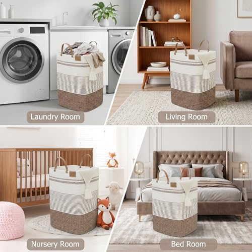 danpinera 75L Woven Laundry Hamper with Long Leather Handles, Baby Laundry Basket for Nursery, Tall Hampers for Bedroom Aesthetic, Decorative Clothes Storage Basket for Family, White & Dark Brown