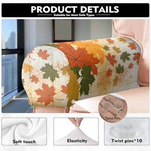 Couch Arm Covers for Sofa 2 Pack Fall Maple Leaf Couch Arm Covers Portable Furniture Covers Stretch Armrest Covers for Chairs/Sofas Fall Decoration