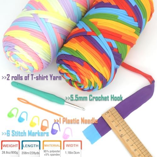 2 Pack Rainbow Tshirt Yarn for Crochet,Camouflage T Shirt Soft Elastic Fabric Chunky Thick T-Shirt Crochet Yarn for Crocheting Knitting Beginner Hand Knitting Bag/DIY Craft/Home Decor 2 * 400G