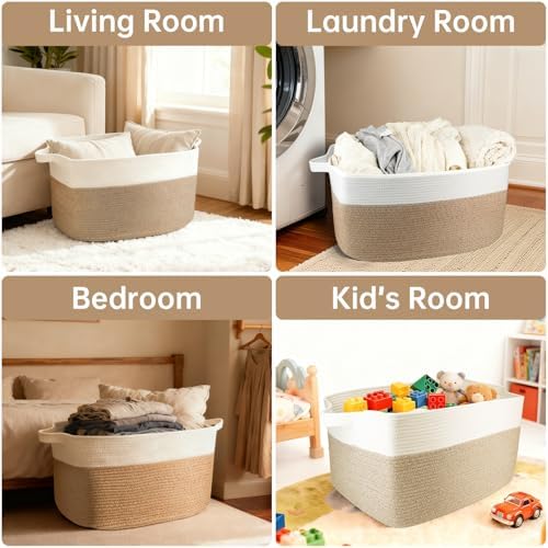 75L Large Basket 22" x 17" x 12",Large Blanket Basket with Handle,woven Cotton Rope baskets for storage,Storage Baskets for Organizing