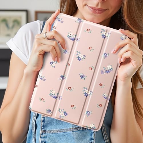 Cute Purple Flower Case for 12.9" iPad Pro 2022/2021/2020/2018, Clear TPU Smart Stand Back Cover with Pencil Holder, Auto Wake/Sleep Foldable Shockproof Protective Case